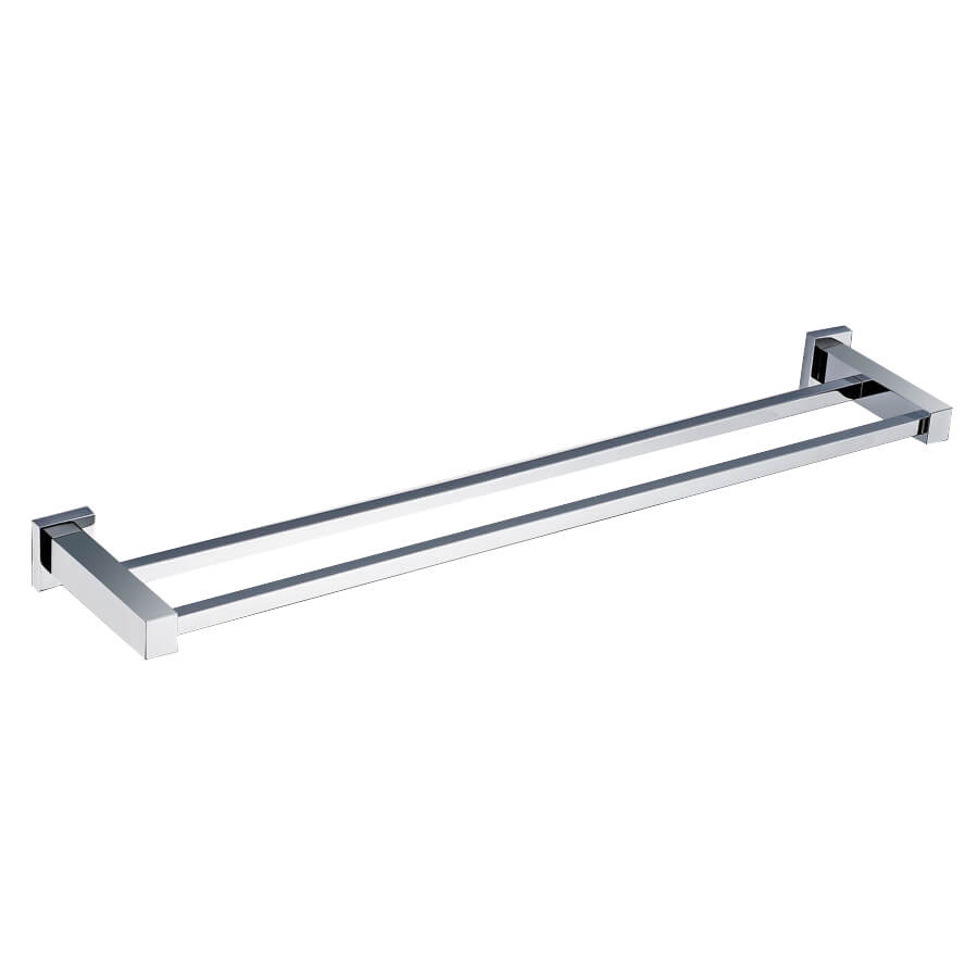 Tuskan Tiles RAK Cubis towel bar, available in single or double, mounted on bathroom wall with modern chrome finish.