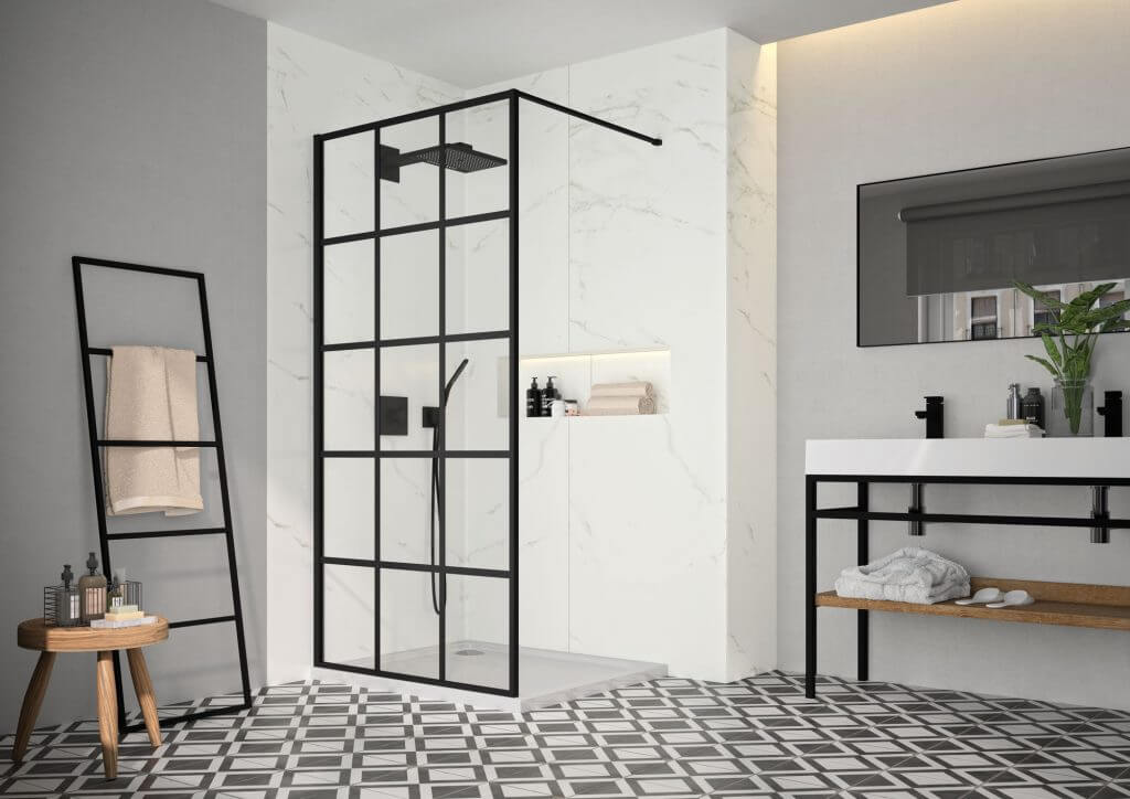 Black squared wetroom shower screen with aluminum frame and bracing bar, designed for modern bathroom showers.