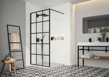 Black squared wetroom shower screen with aluminum frame and bracing bar, designed for modern bathroom showers.