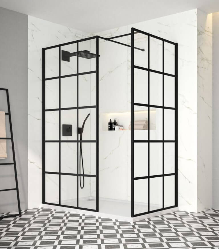 Black squared glass shower screen with aluminium frame and bracing bar, designed for wetroom showers by Tuskan Tiles.