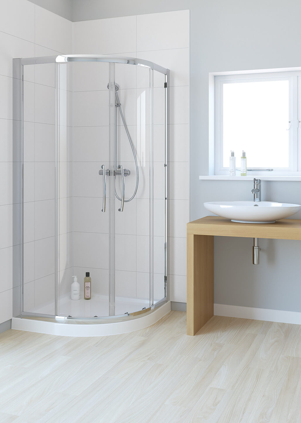 Lakes Classic Offset Quadrant Sliding Shower Enclosure with two doors, reversible design, featuring clear glass and chrome finish hardware.