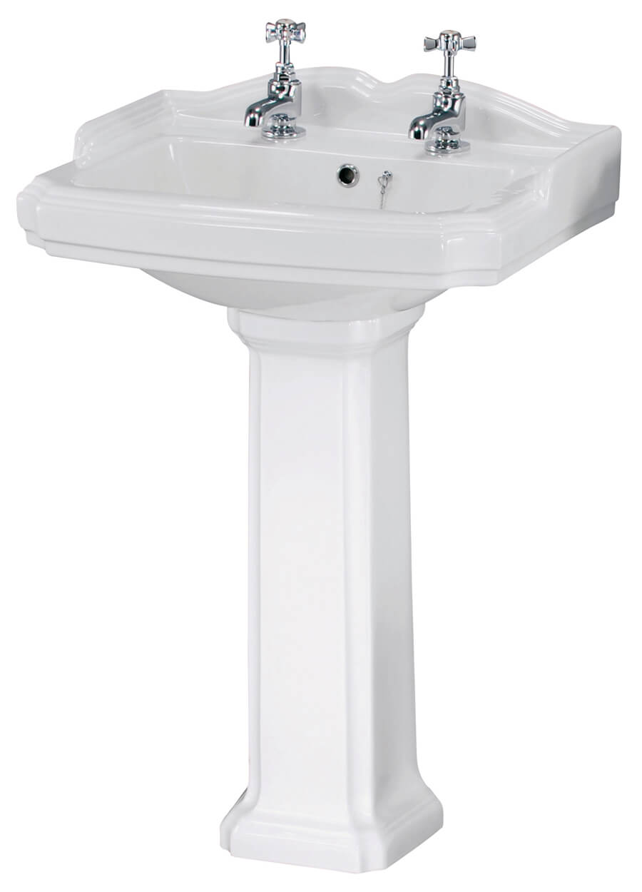 Nuie Legend 590mm White 2 Tap Hole Basin With Full Pedestal
