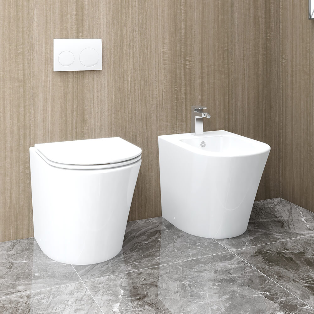 Contemporary white bidet with 550mm projection by IMEX Arco, designed for back-to-wall installation, shown in a modern bathroom setting.