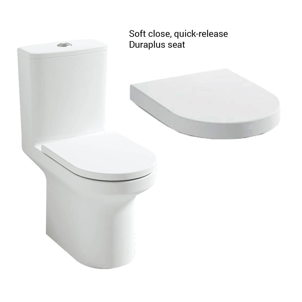 Tuskan Tiles IMEX Alma rimless close-coupled WC pan with cistern and soft-close seat, white ceramic, 360x650mm