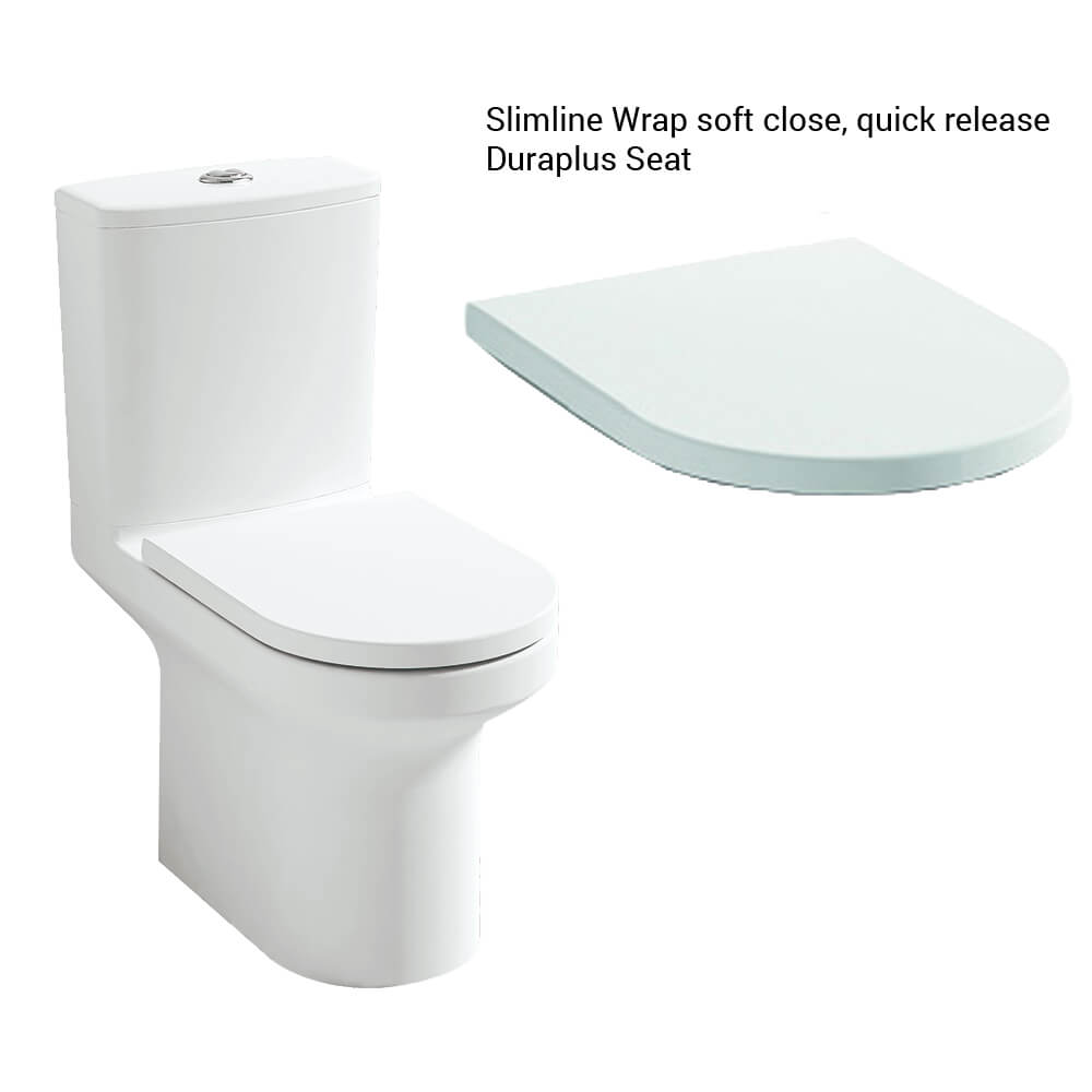 Close coupled rimless WC pan with cistern and soft close seat, 360x650mm, by Tuskan Tiles, modern bathroom fixture.