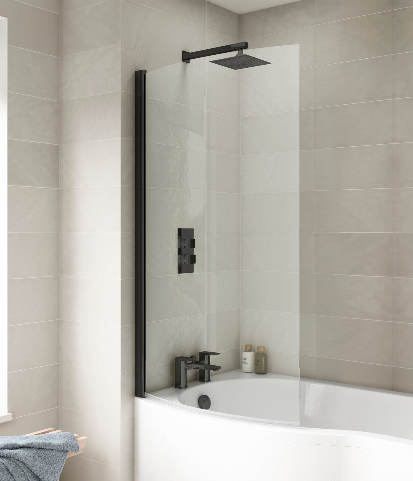 Nuie Frameless Black Curved Bath Shower Screen - Aluminium Profile - 715 x 1433mm