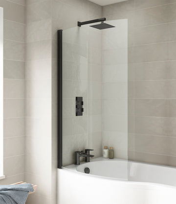 Nuie Frameless Black Curved Bath Shower Screen - Aluminium Profile - 715 x 1433mm