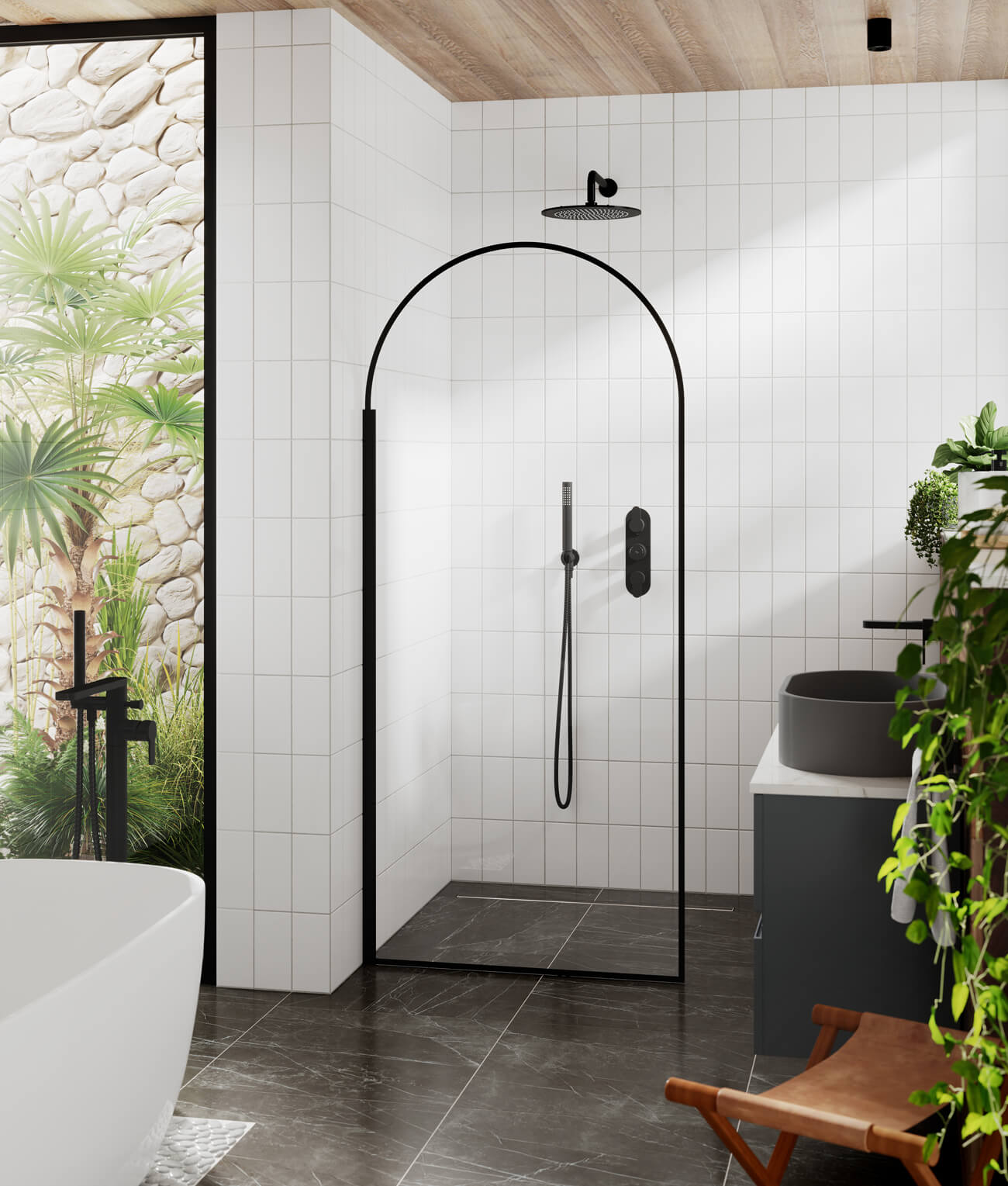 Arched black wetroom shower screen with aluminum frame by Hudson Reed, designed for modern bathroom wet areas.