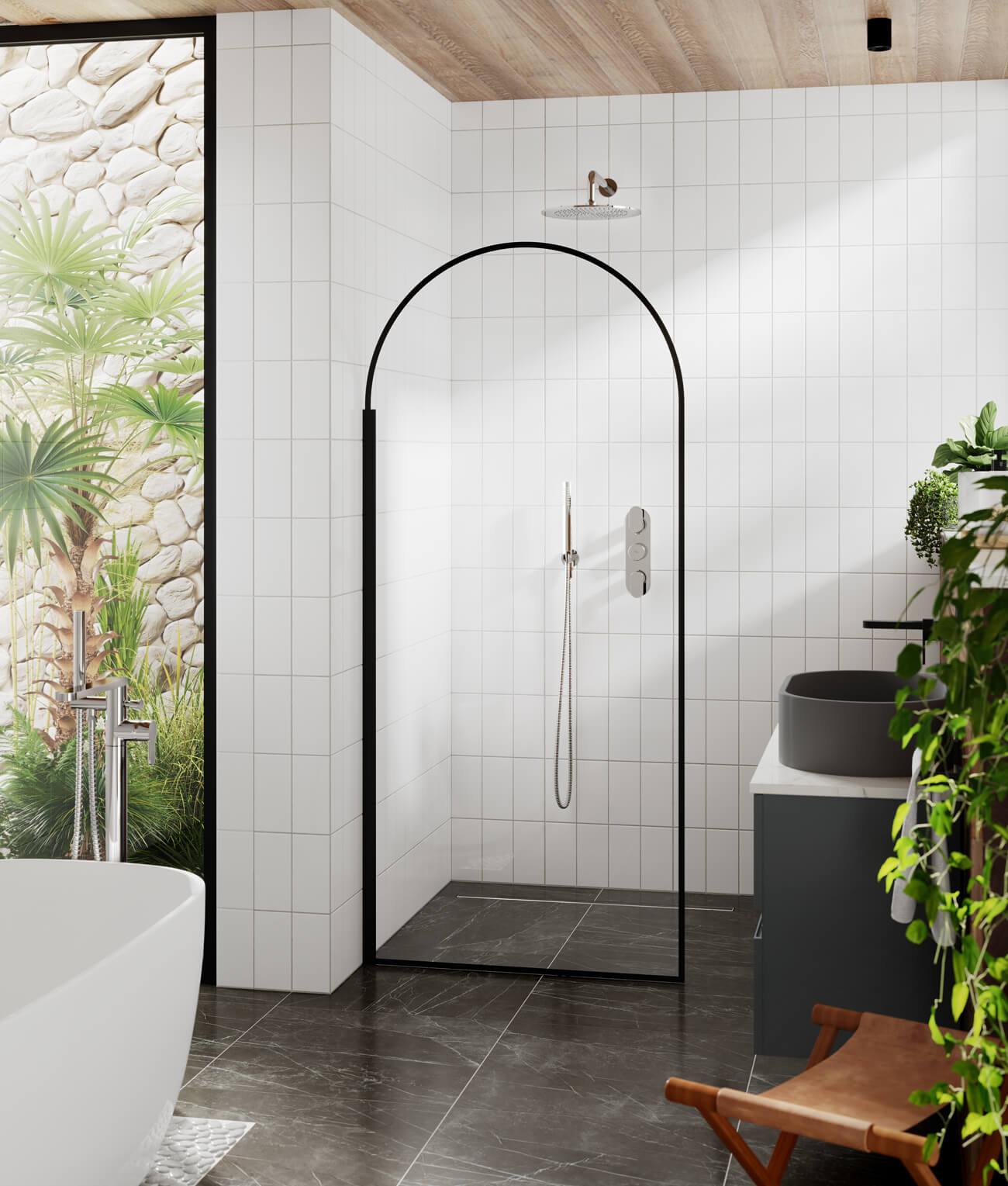 Arched matte black wetroom shower screen with aluminium outer frame by Hudson Reed, designed for modern bathroom showers.