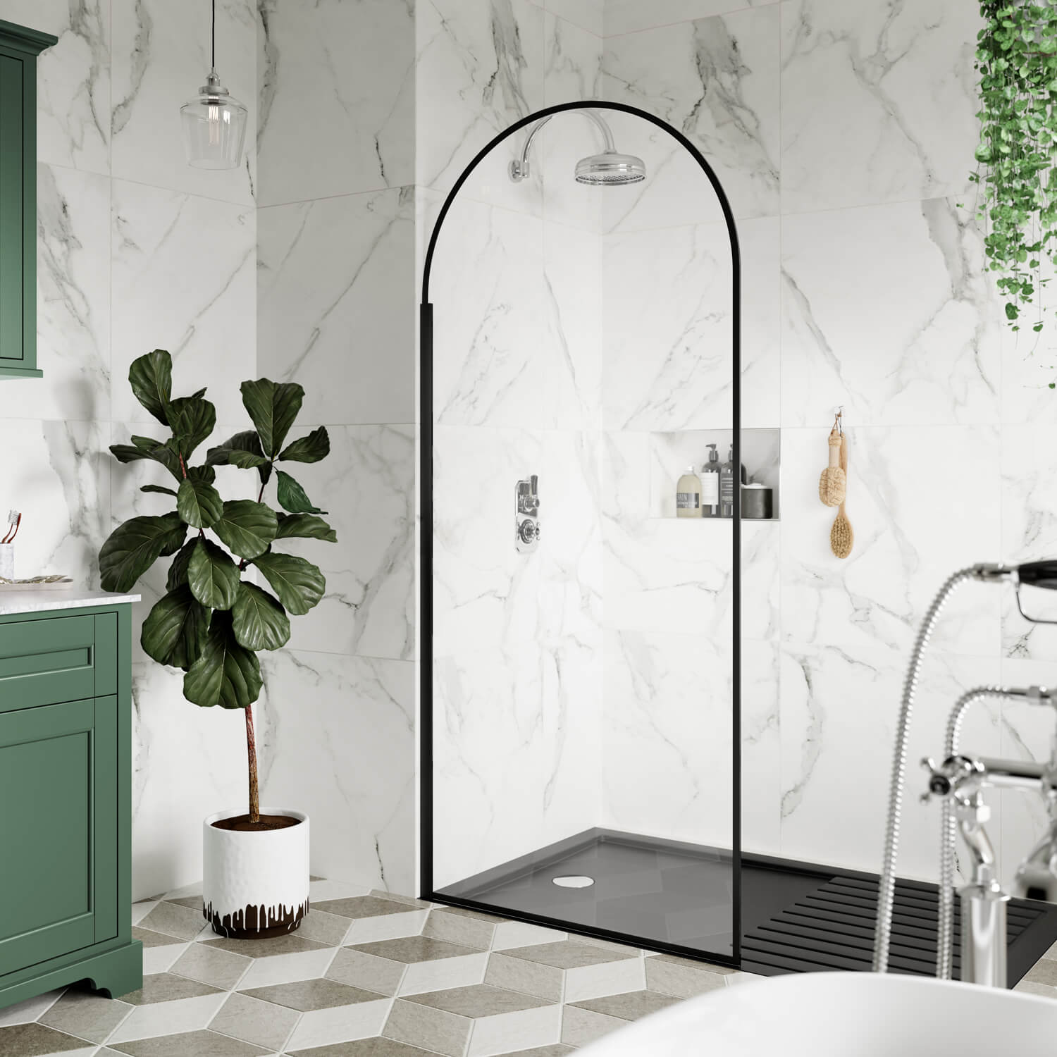 Arched black wetroom shower screen with aluminium outer frame by Hudson Reed, featuring a sleek matte black finish.