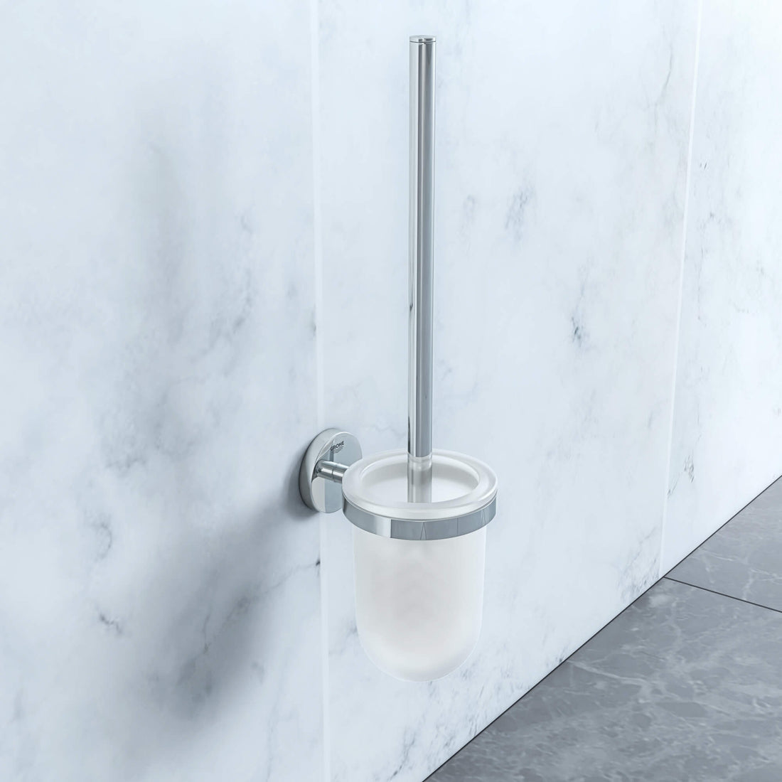 Grohe Essentials wall-mounted glass holder and toilet brush set with chrome handle, modern bathroom accessory for Tuskan Tiles.