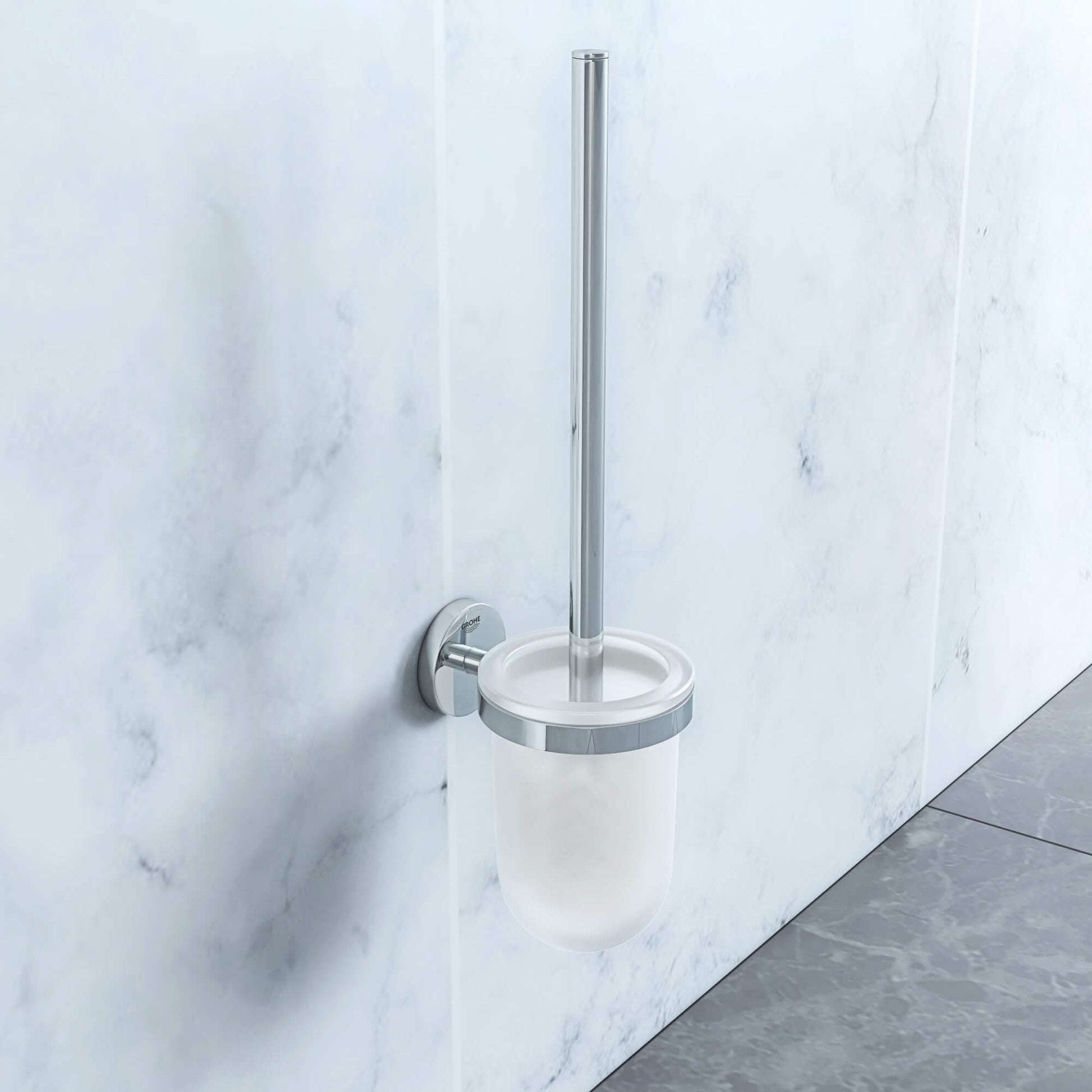 Grohe Essentials wall-mounted glass holder and toilet brush set with chrome handle, modern bathroom accessory for Tuskan Tiles.