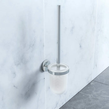 Grohe Essentials wall-mounted glass holder and toilet brush set with chrome handle, modern bathroom accessory for Tuskan Tiles.