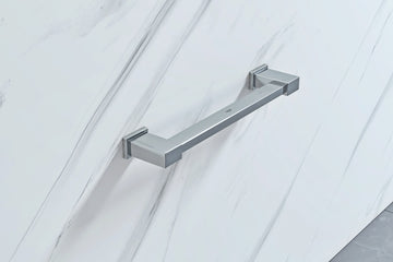 Chrome finish Grohe Essentials Cube contemporary grab bar, 340mm x 81mm, mounted on a bathroom wall for safety and support