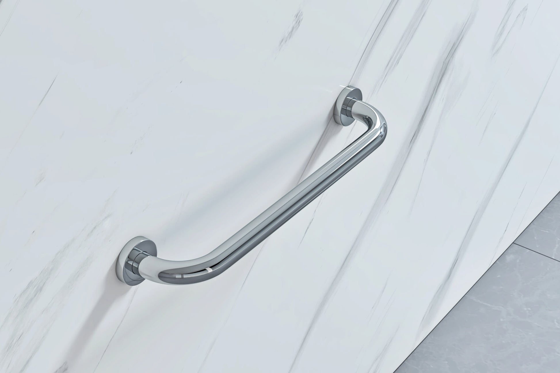 Chrome grab rail by Tuskan Tiles, straight L-shaped design mounted on a bathroom wall for safety and support.