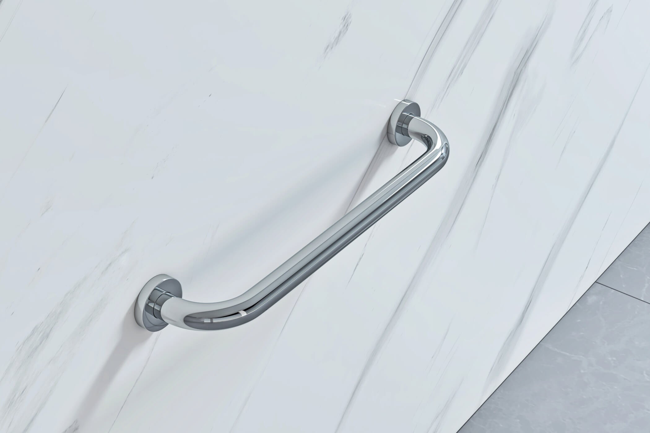 Chrome grab rail by Tuskan Tiles, straight L-shaped design with secure mounting for bathroom or safety use.