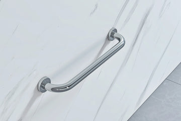 Chrome grab rail by Tuskan Tiles, straight L-shaped design with secure mounting for bathroom or safety use.