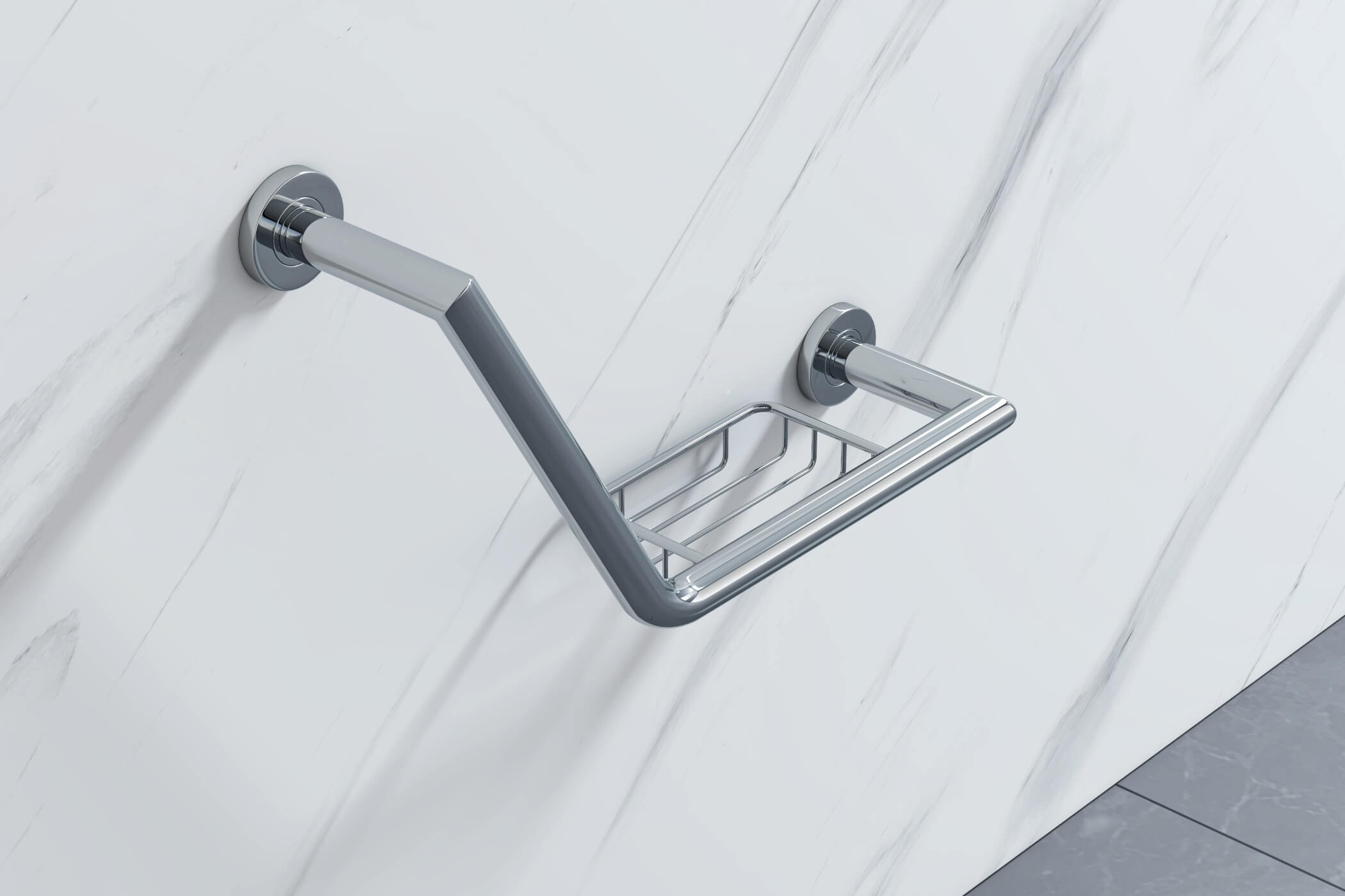 Chrome angled grab rail with integrated basket from Vado Spa by Tuskan Tiles, measuring 456.5 x 288mm.