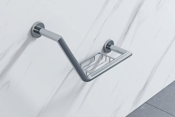 Chrome angled grab rail with integrated basket from Vado Spa by Tuskan Tiles, measuring 456.5 x 288mm.