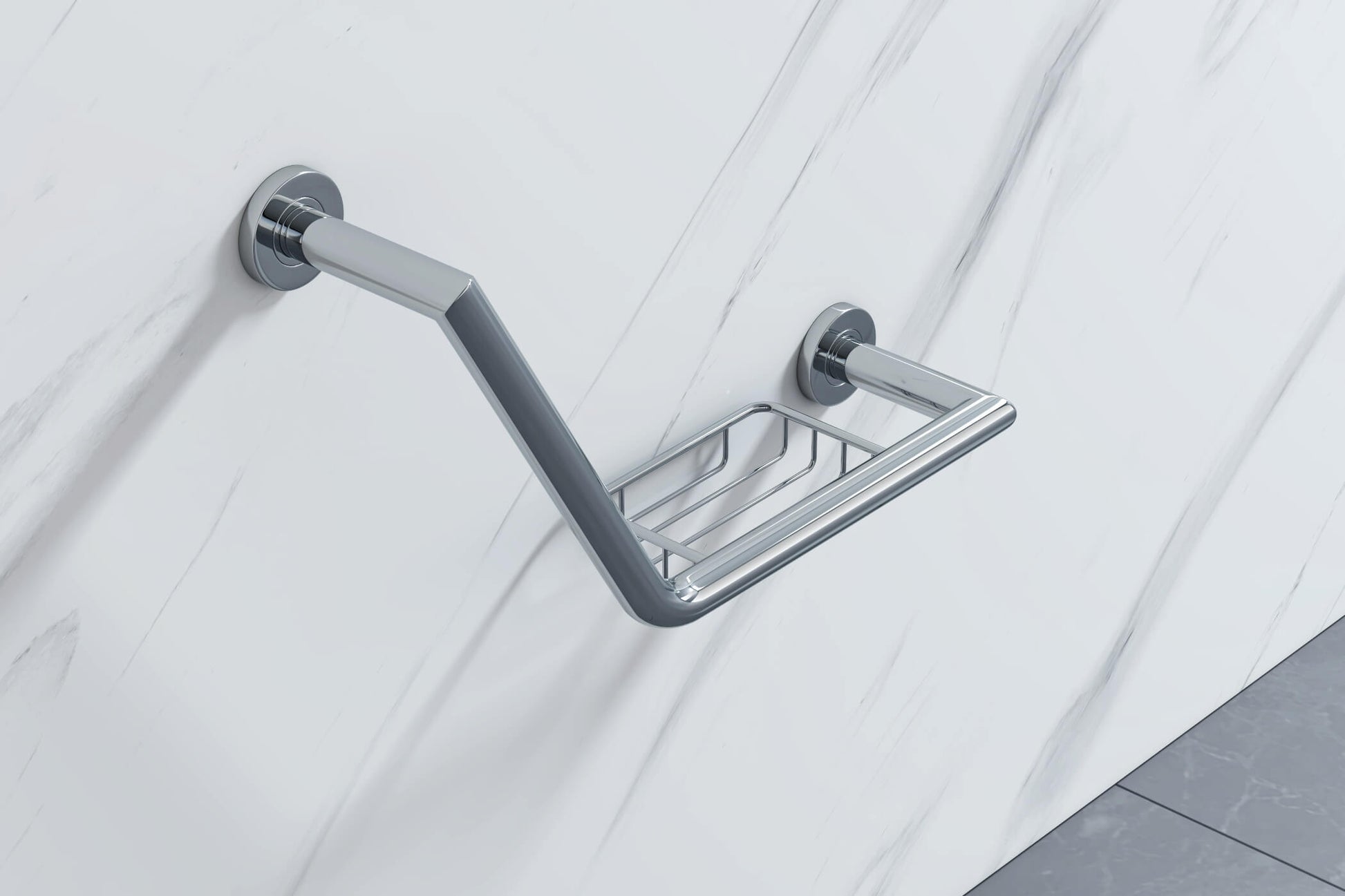 Chrome angled grab rail with basket by Tuskan Tiles, measuring 456.5 x 288mm, designed for bathroom safety and support