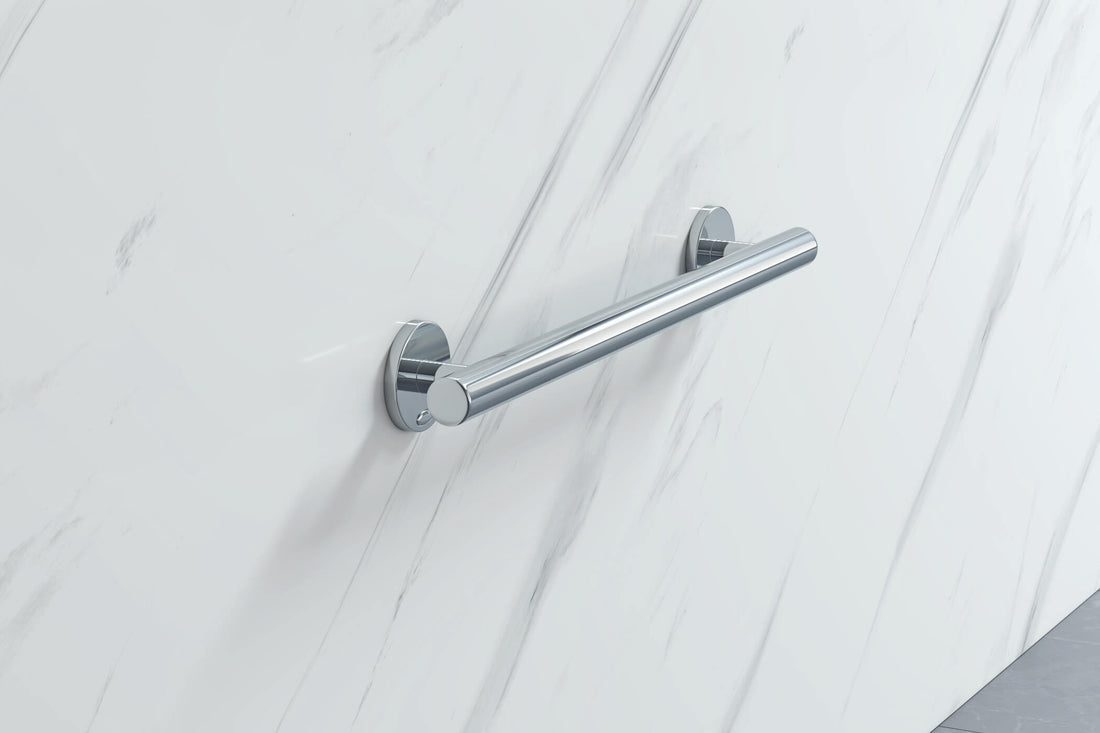 Chrome finish Armitage Shanks Contour-21 aluminium grab bar, 600x100mm, mounted on bathroom wall for safety and support