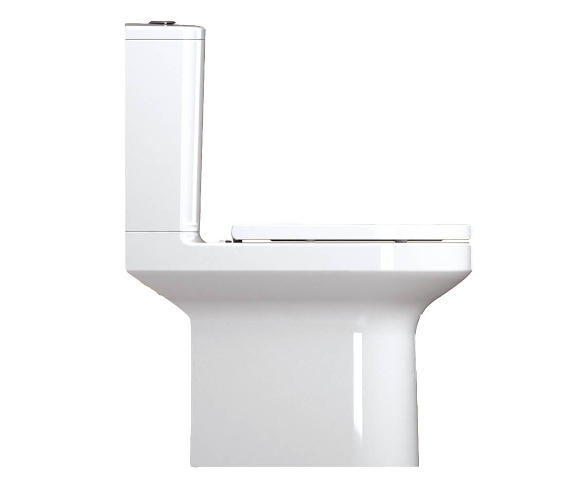 IMEX Alma rimless close coupled WC pan with cistern and soft-close seat, measuring 360x650mm, in a modern bathroom setting