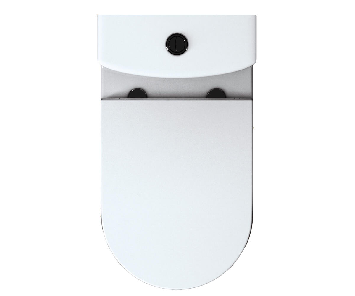 Close coupled WC pan with cistern and soft close seat, IMEX Alma rimless design, 360x650mm, in white ceramic.