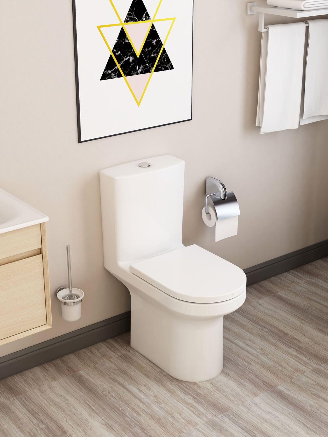 IMEX Alma rimless close coupled WC pan with cistern and soft close seat, white ceramic bathroom toilet in compact design