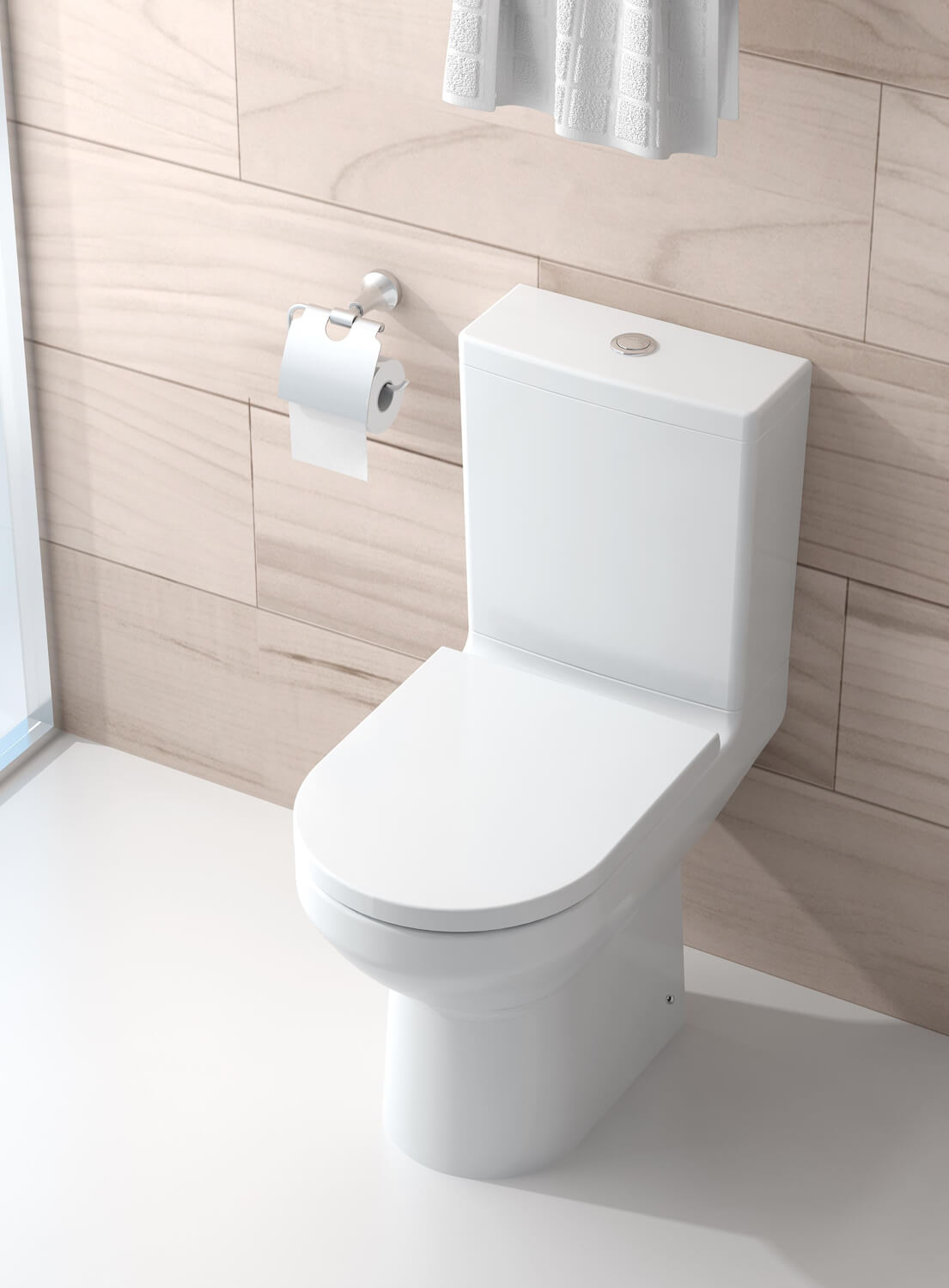 Tuskan Tiles IMEX Alma rimless close-coupled WC pan with cistern and soft-close seat, measuring 360x650mm, shown from side view.