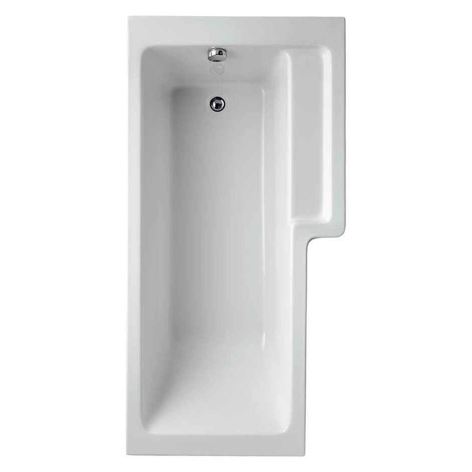 L-shaped Ideal Standard Tempo Cube Idealform shower bath in 1700x850mm with white acrylic finish, shown from side angle.