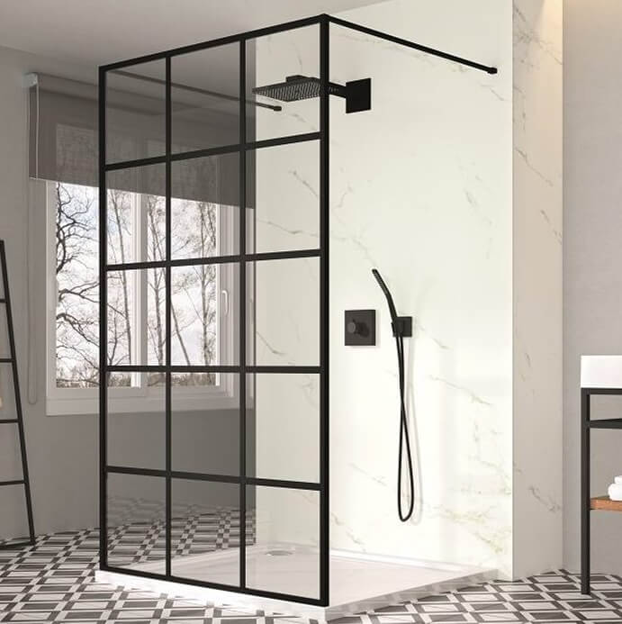 Merlyn Squared Black Grid Wetroom Shower Screen - Aluminium Frame - 1200 x 2000mm