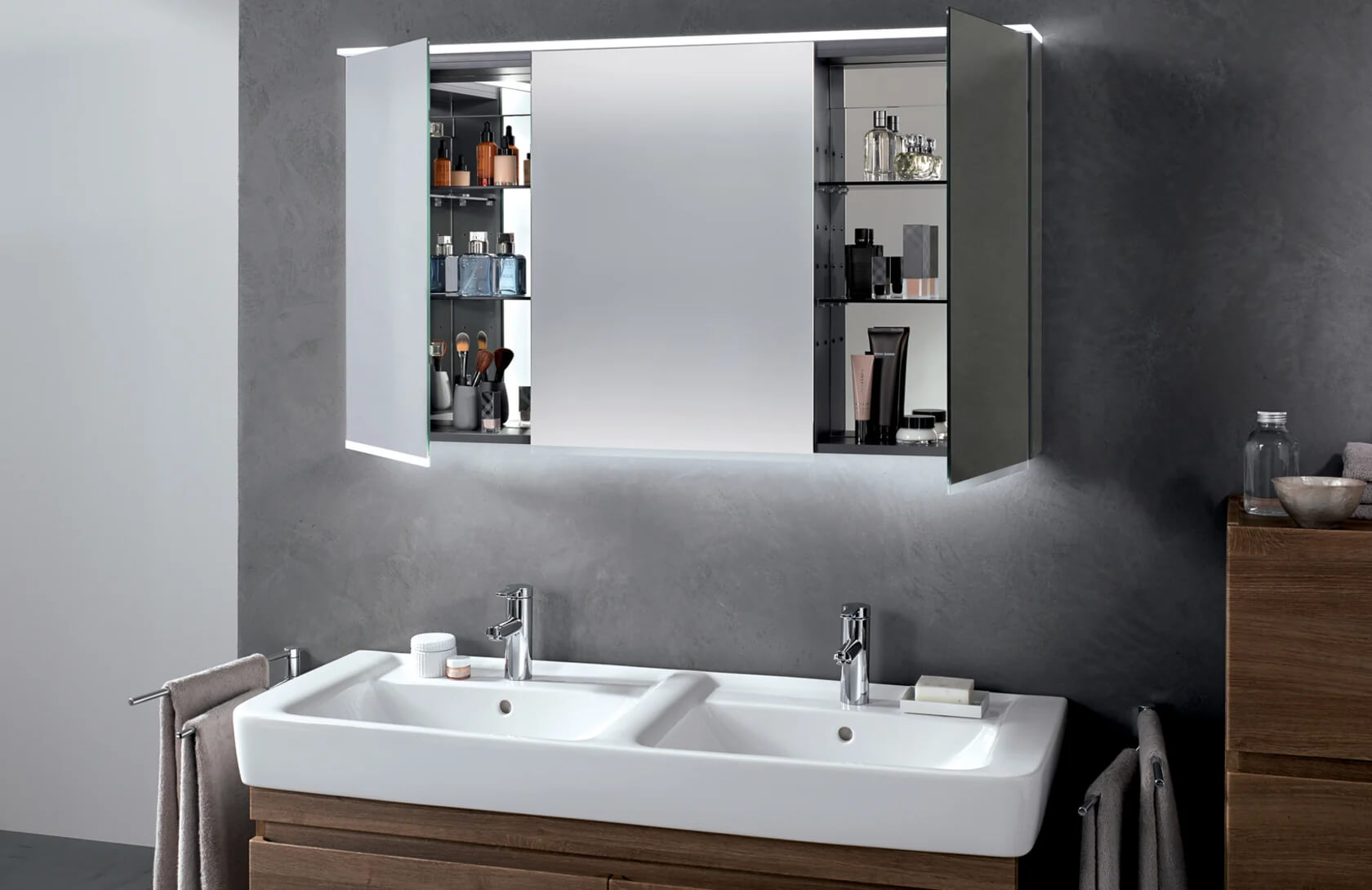 Geberit Option-Plus Mirror Cabinet with LED Light and Power Socket - 3 Door - 700mm High - Tuskan Tiles
