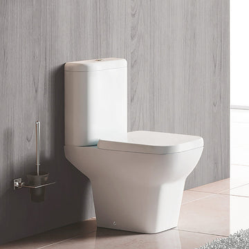 Close coupled white WC pan with cistern, open back design, 355x620mm, by Tuskan Tiles, for modern bathroom installations.