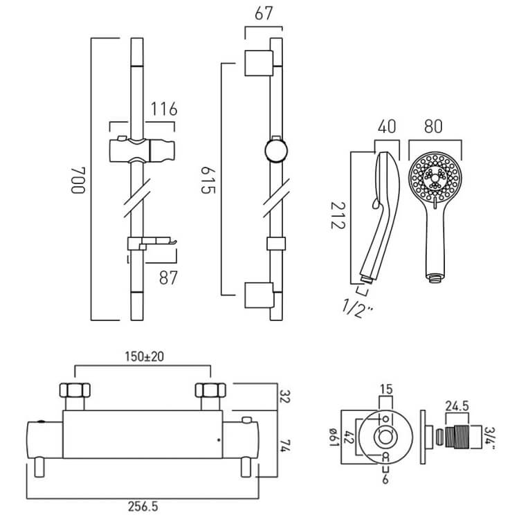 Vado Prima Exposed Thermostatic Chrome Bar Shower Mixer Valve with Slide Rail Kit