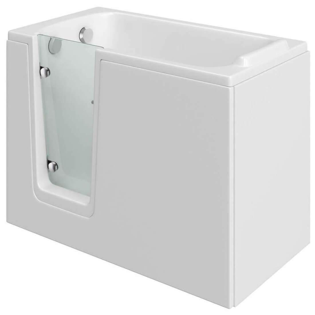 Trojan Comfort Easy Access Small Walk-In Bath with integrated seat, 1210x650mm, in a bathroom setting with tiled surroundings