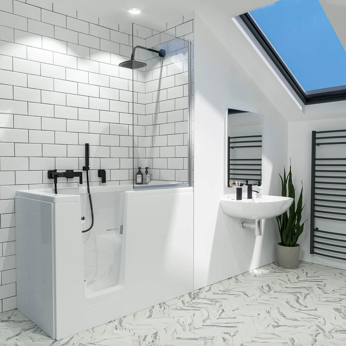 Trojan Comfort Easy Access Small Walk-In Bath with integrated seat, 1210 x 650mm, in a bathroom setting with tiled surroundings