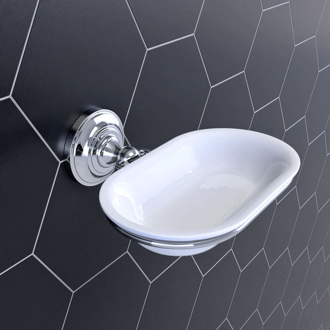 Traditional ceramic soap dish with chrome holder, measuring 160x159mm, designed for bathroom use by Tuskan Tiles.
