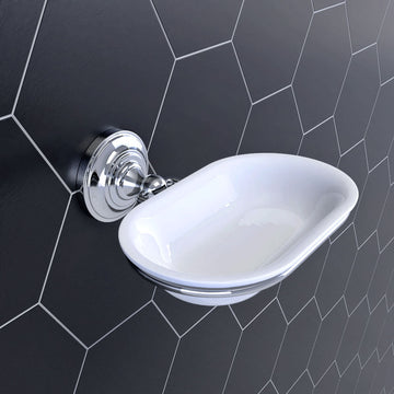 Traditional ceramic soap dish with chrome holder, measuring 160x159mm, designed for bathroom use by Tuskan Tiles.