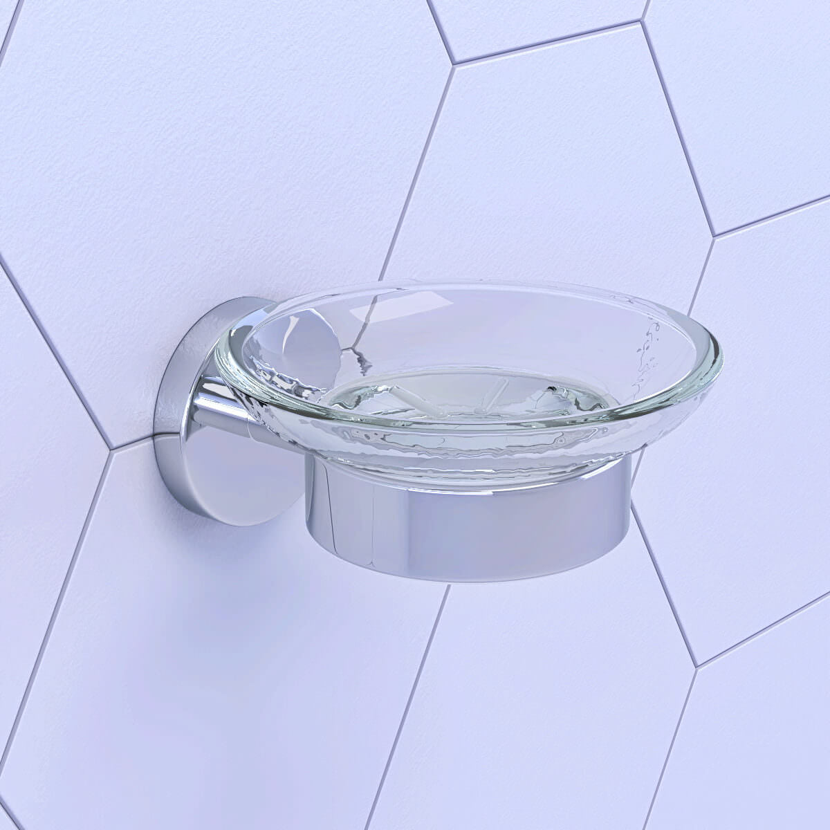 Contemporary round slimline glass soap dish by Grohe Essentials with 110x110mm size, clear glass design, shown on bathroom countertop