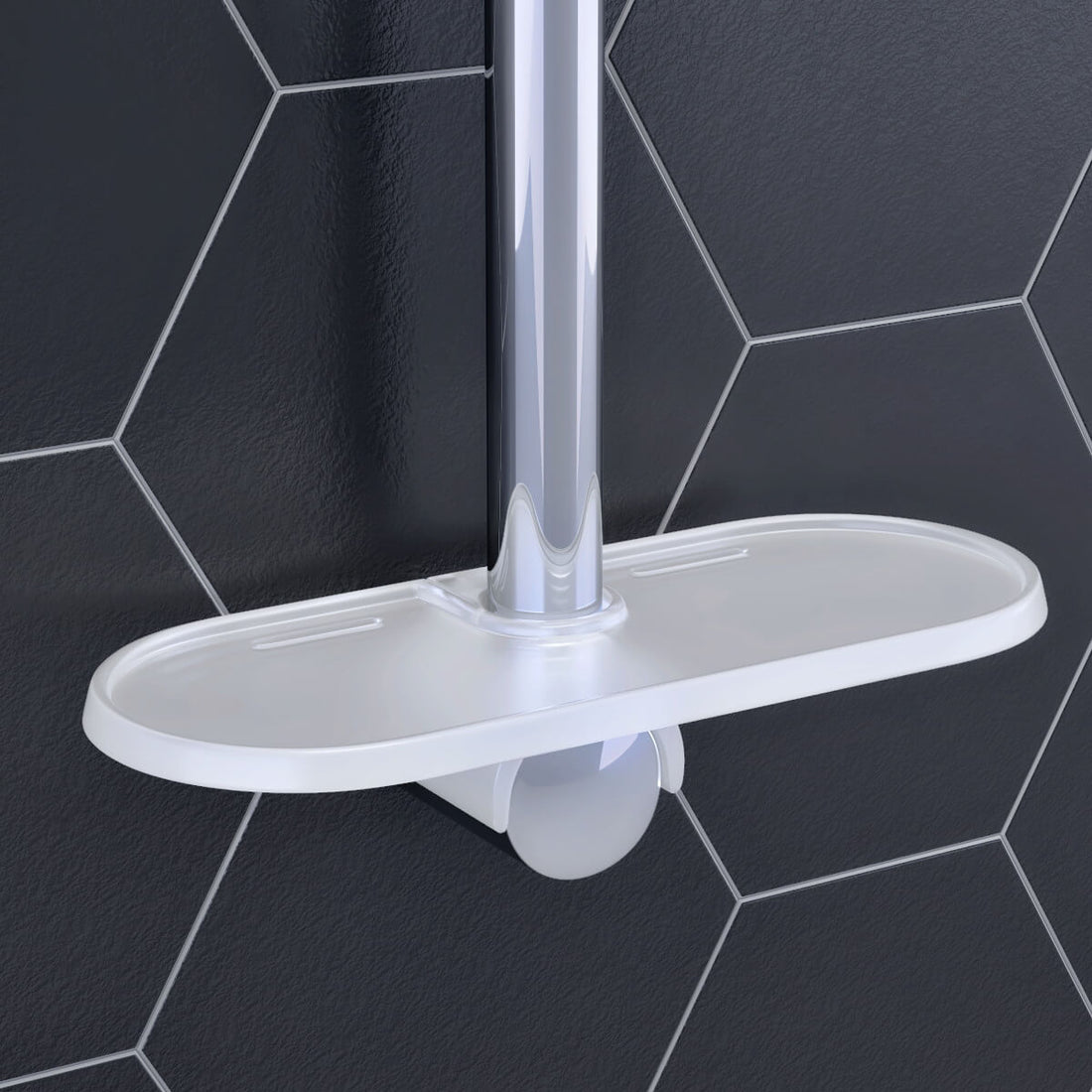 Grohe Tempesta acrylic easy reach soap dish with dimensions 22 x 91mm, mounted in a bathroom setting with tiled surface