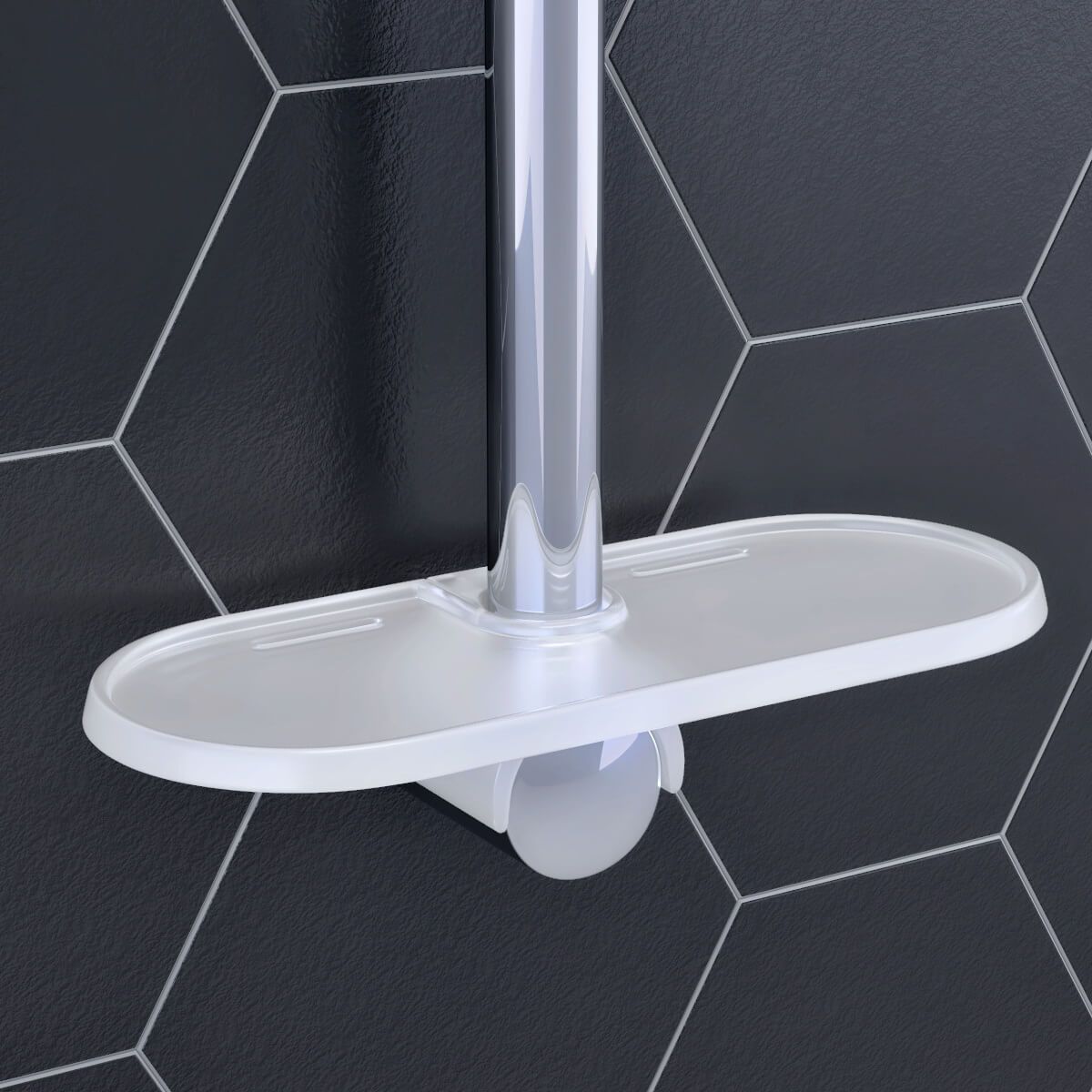 Grohe Tempesta acrylic easy reach soap dish with dimensions 22 x 91mm, mounted in a bathroom setting with tiled surface