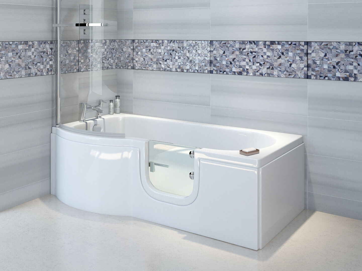 Trojan Concert Easy Access P-shaped walk-in shower bath with screen, 1675x750mm, in a modern bathroom setup.