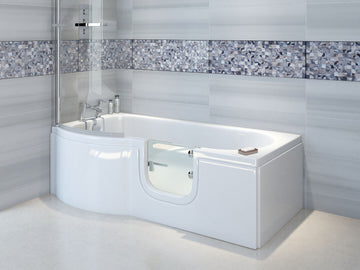 Trojan Concert Easy Access P-shaped walk-in shower bath with screen, 1675x750mm, in a modern bathroom setup.