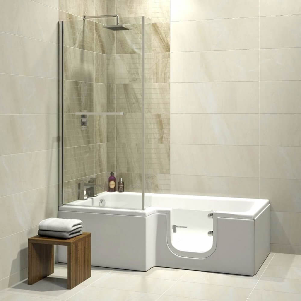 Trojan Solarna L Shape walk-in bath with anti-slip surface and easy access, measuring 1700 x 850mm, installed in a bathroom setting