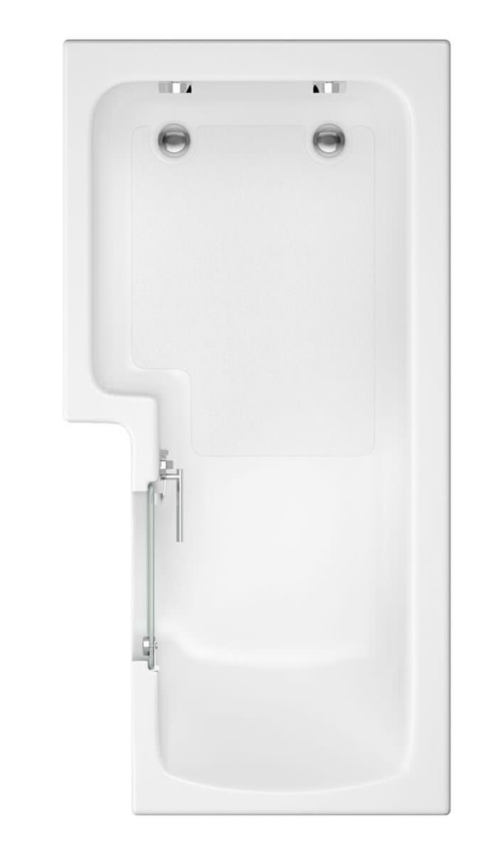 Trojan Solarna L Shape walk-in bath with anti-slip surface, 1700x850mm, featuring easy access and modern Tuskan Tiles design.