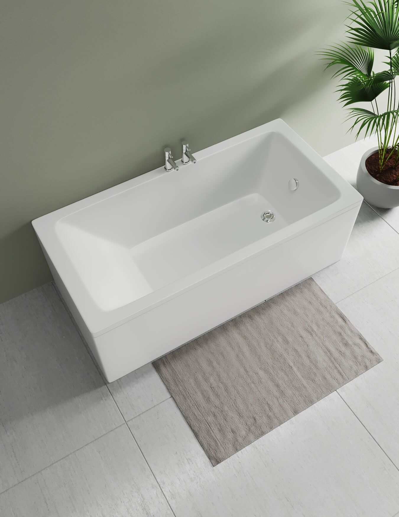 White acrylic Geberit Renova Plan single-ended bathtub with built-in feet, designed for modern bathroom installations.