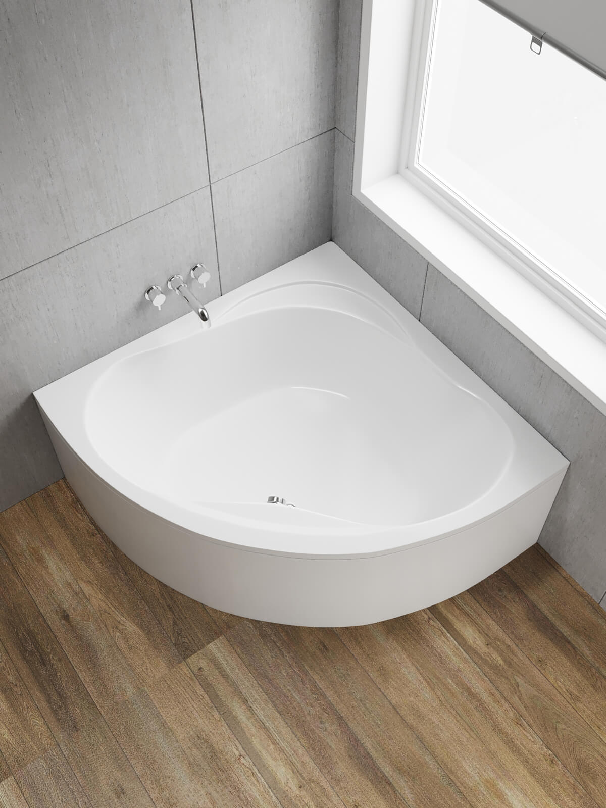 Aqua Lagoon white acrylic corner bath by Tuskan Tiles, 1200x1200mm, shown in a modern bathroom setting.