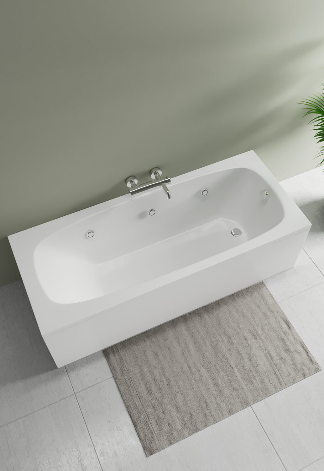 Aqua Caymen single-ended whirlpool bath with leg sets, featuring sleek design and durable construction by Tuskan Tiles.