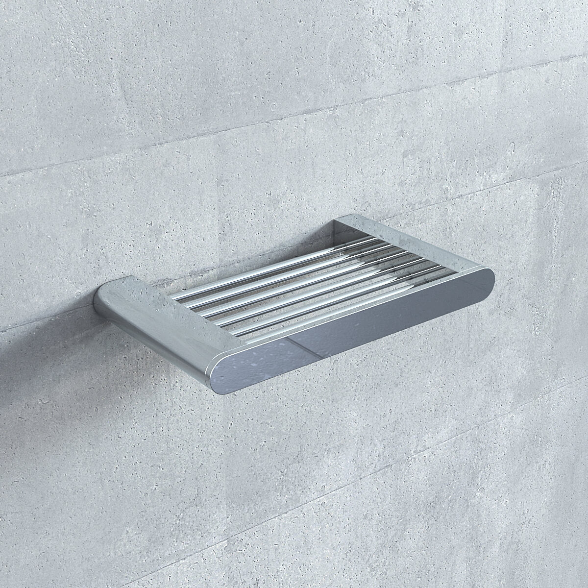 Chrome Vado Photon wall-mounted drain with slatted bars and soap tray, measuring 190 x 109mm, by Tuskan Tiles.