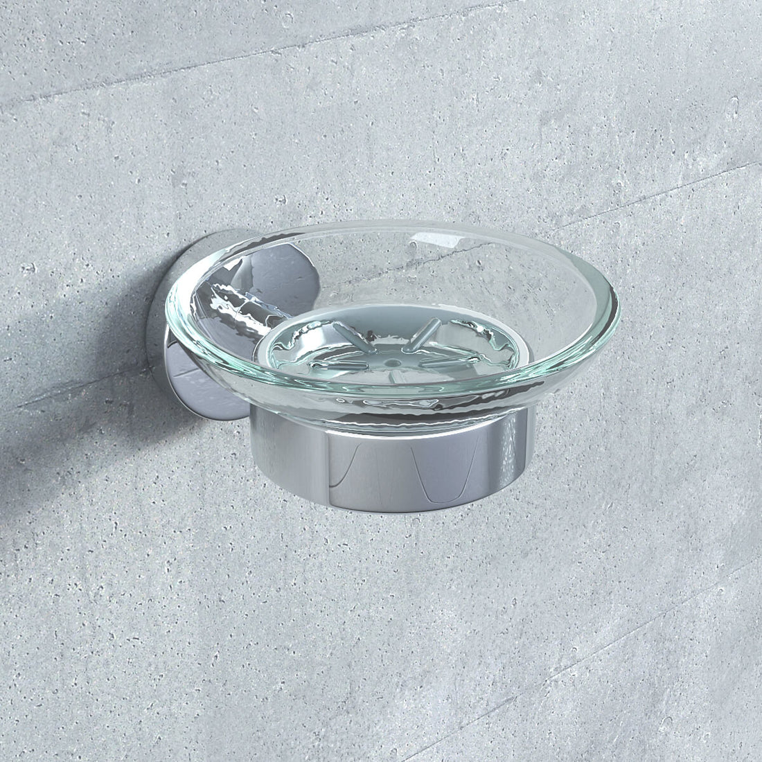 Contemporary round glass soap dish by Grohe Essentials, 110x110mm, with sleek slimline design and clear glass finish.